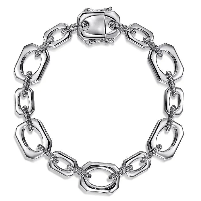 Sterling Silver Bujukan And Elongated Octagon Link Chain 7.5 Inch Bracelet