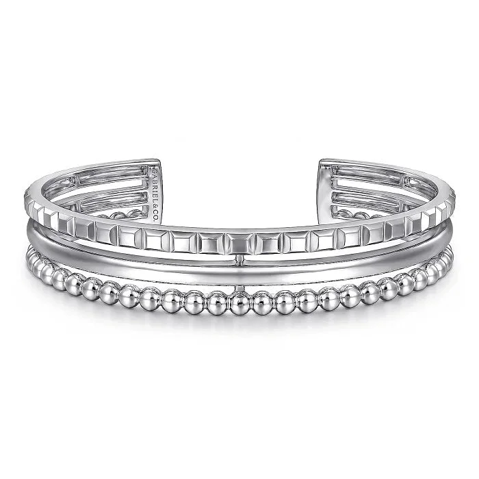 Sterling Silver Bujukan & Pyramid Triple Row 6.25 inch Bangle Bracelet